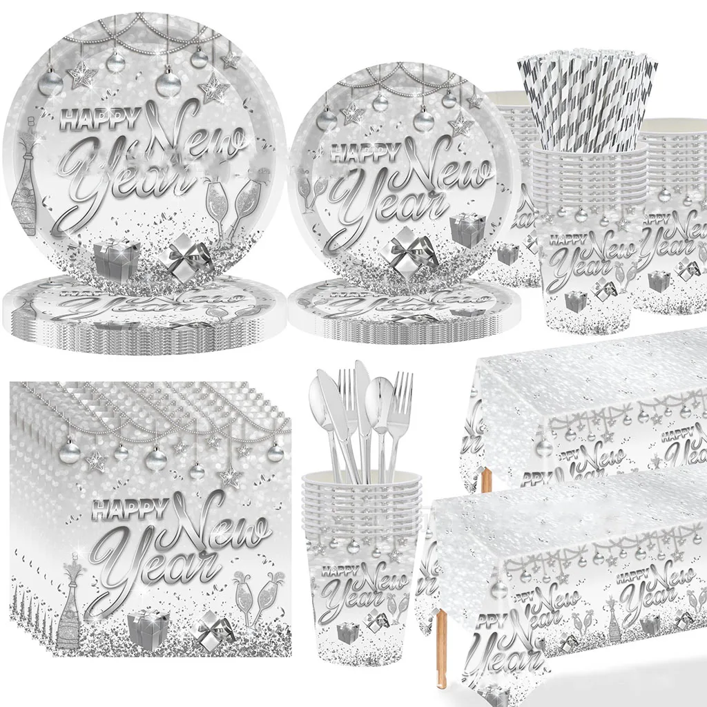 

8Guests Stamping Silver Happy New Year Disposable Tableware Christmas Ball Star New Year Plates Happy New Year 2025