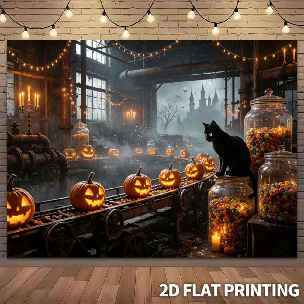 Steampunk Halloween Tapestry Black Cat Pumpkin Factory Wall Hanging, Industrial Gothic Decor Spooky Autumn Room Background Cloth