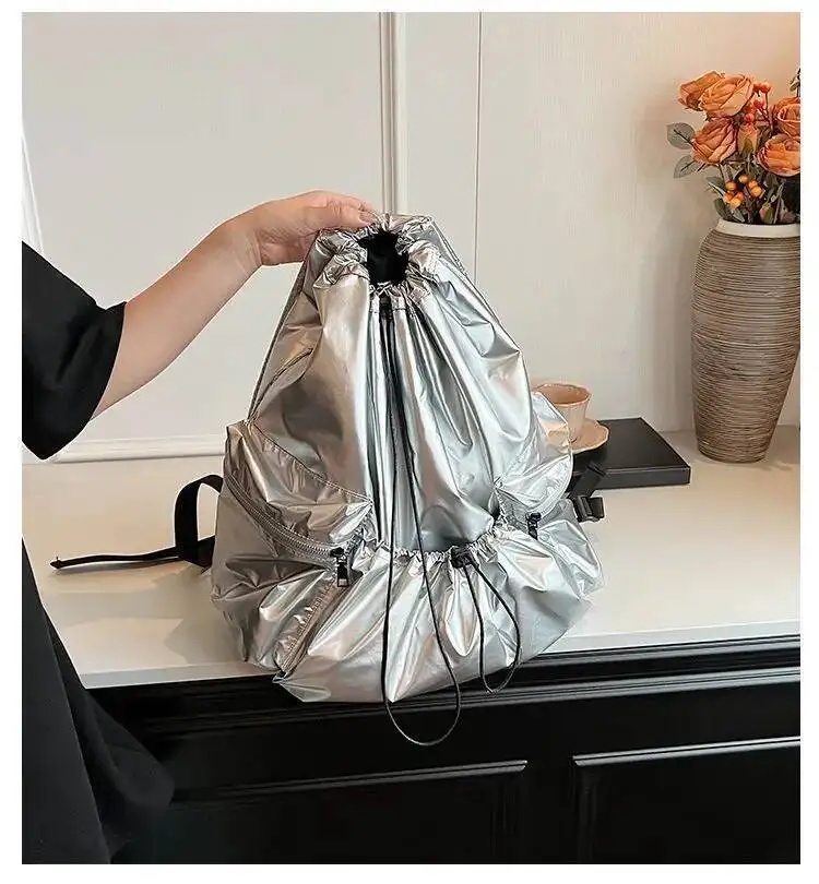 Bloom Sier Backpack Women Haruku Drawstring Pu Leather Large Capacity Backpacks Schoolbag Student Retro Y2k Mochila