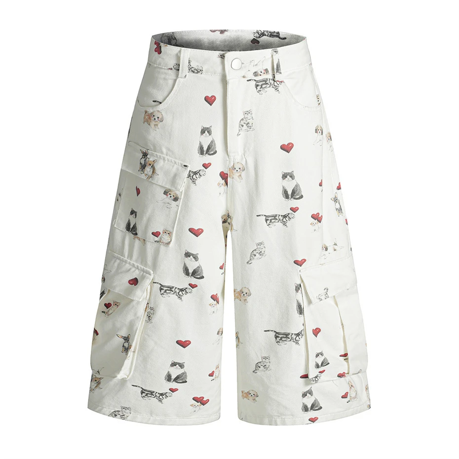 

Animals Print Denim Shorts Mens Streetwear Hip Hop Multiple Pockets Jeans Short Men Harajuku Vintage Calf Length Pants Unisex