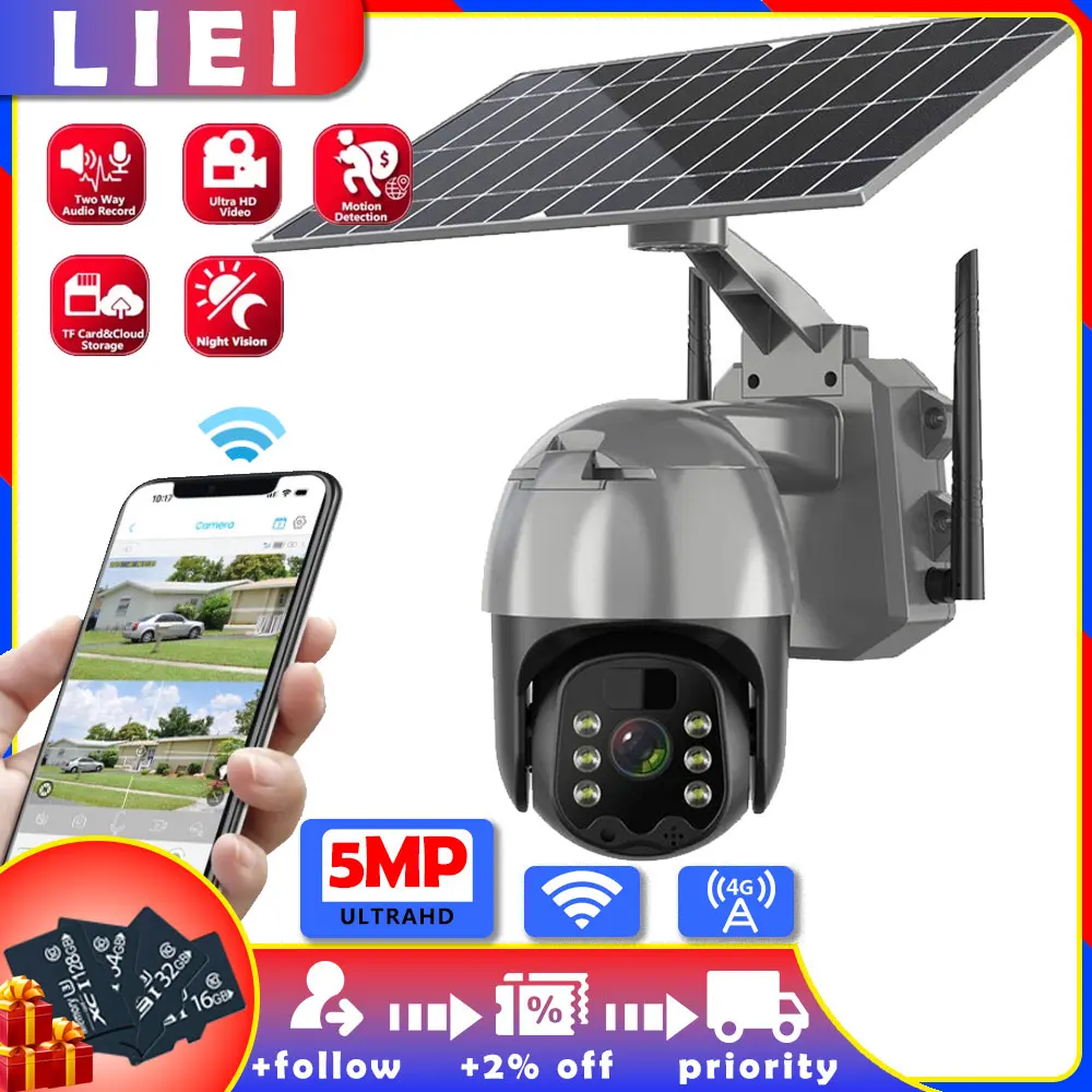 

LIEI Solar Power 5MP UHD Dual Lens WIFI/4G PTZ IP Camera 360 Full Color AI Humanoid Detection Security CCTV Surveillance Camera