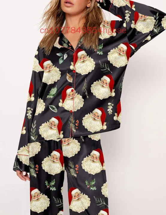 2025 New Retro Santa Claus Pajama Set 3D Printed Men's and Women's Casual Silk Long Sleeve Shirt Pajama Set