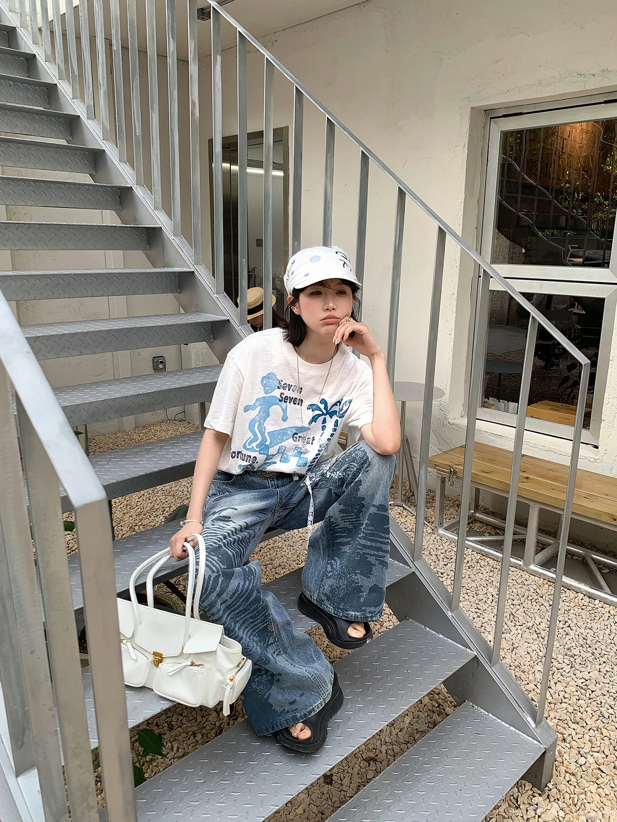 Sakura Surfing Totem Bamboo Cotton Distressed round Neck Short Sleeve T-shirt Summer Loose Casual Women's Top