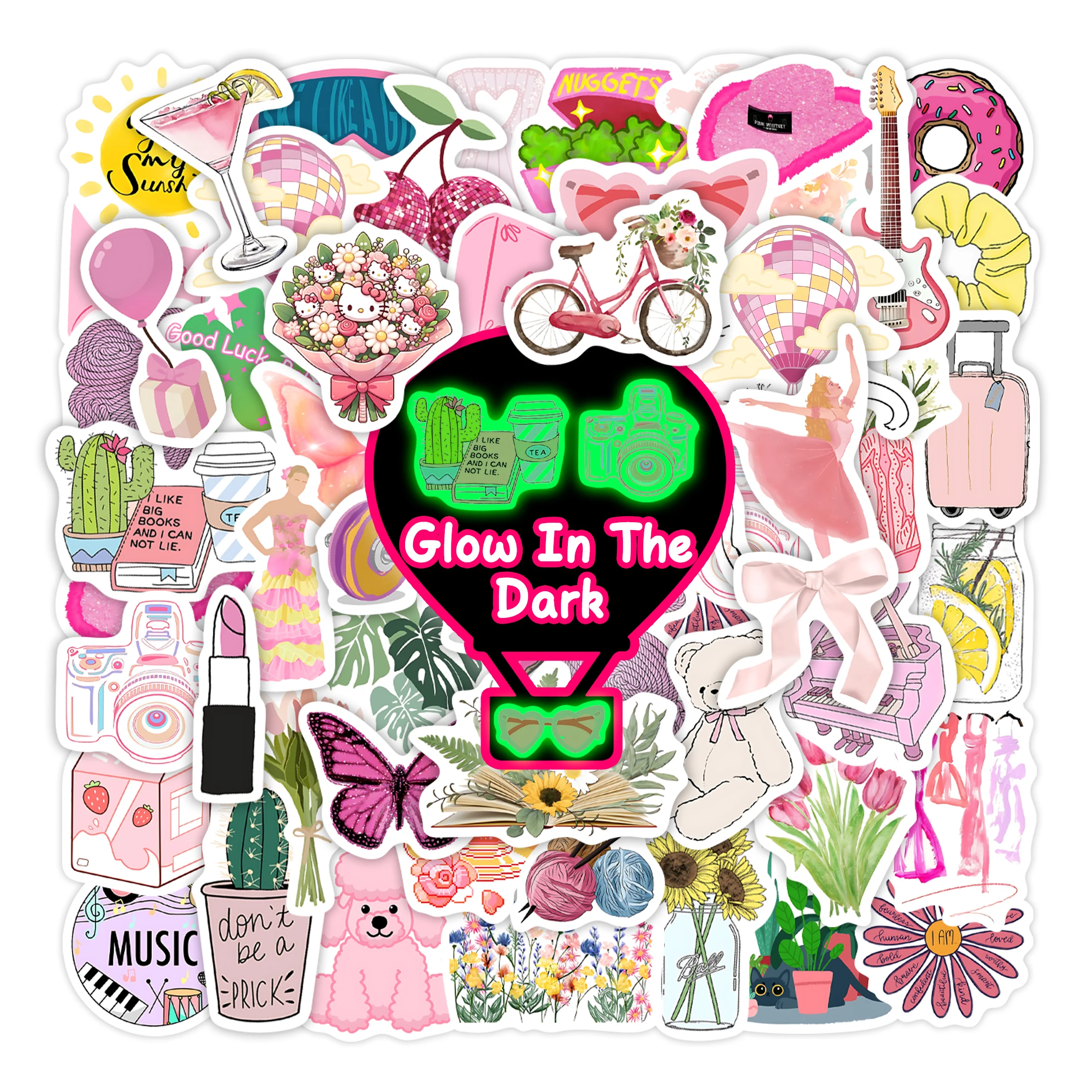 素敵なパターンのダークステッカーで光る、防水ビニールデカール、子供向けのDIYギフト、本、スケートボード、電話の装飾、ピンク、50個
