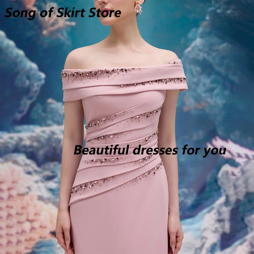 

Off The Shoulder Pink Evening Dress Customized Beading Crystal Boat Neck A Line Floor Length Prom Gown Formal Party Dresses