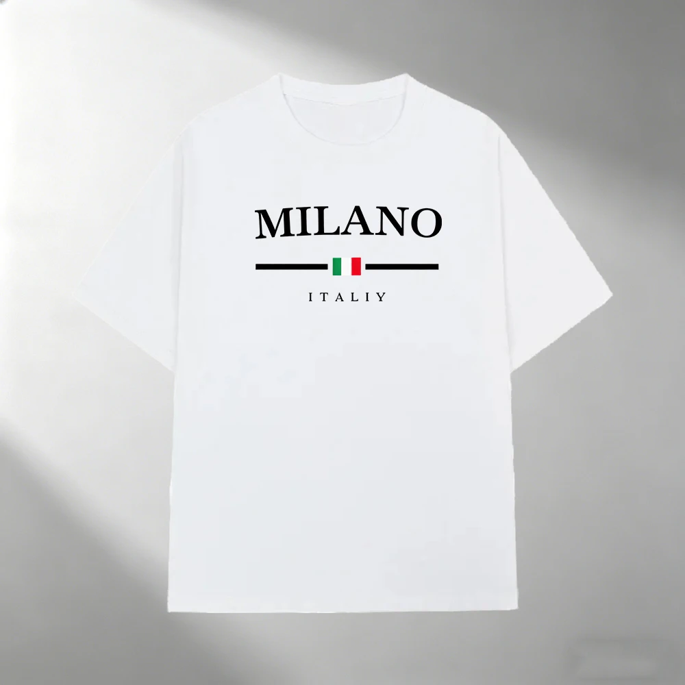 Herren Reines Baumwoll-T-Shirt MILANO Italien Flaggen-Print Kurzarm-Oberteil Lässiger Streetwear Minimalistischer Stil Locker Sitzend Tägliches Herren-Sommer-Tee-Shirt – Detail 6