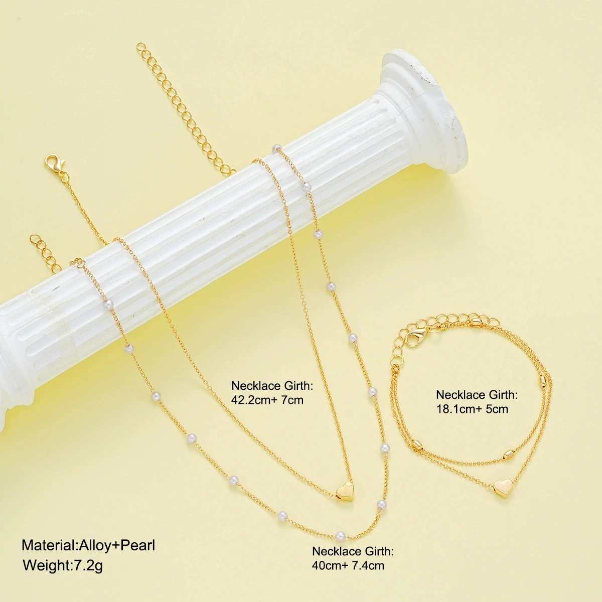 Neues Schmuckset mit Imitationsperlen in Herzform für Damen, in Gold- und Silberfarben, mit runden Perlen, bestehend aus Halskette und Armband, ideal als Schmuck für den täglichen Gebrauch oder als Geschenk. – Detail 1