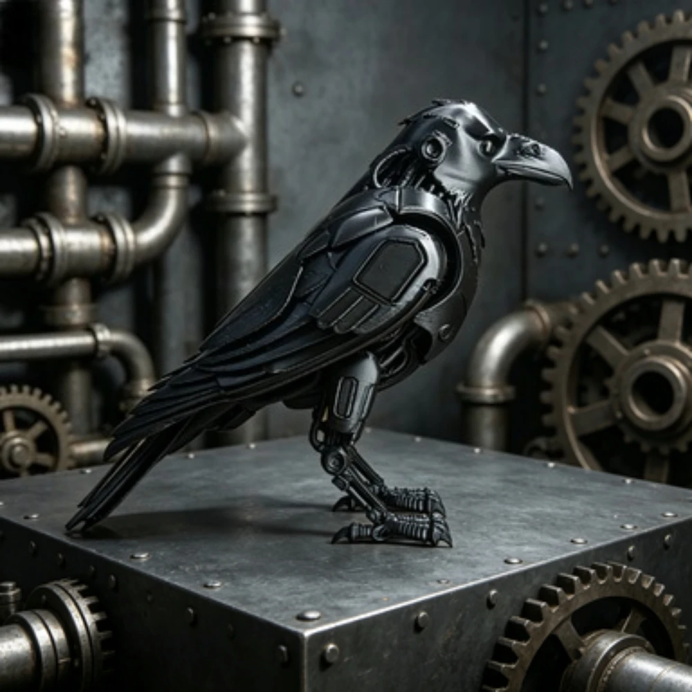 3D Printed Cyberpunk Mechanical Raven Statue Tech Robot Crow Bird Figurine Sci-Fi Desktop Collectible Punk Industrial Decor Gift