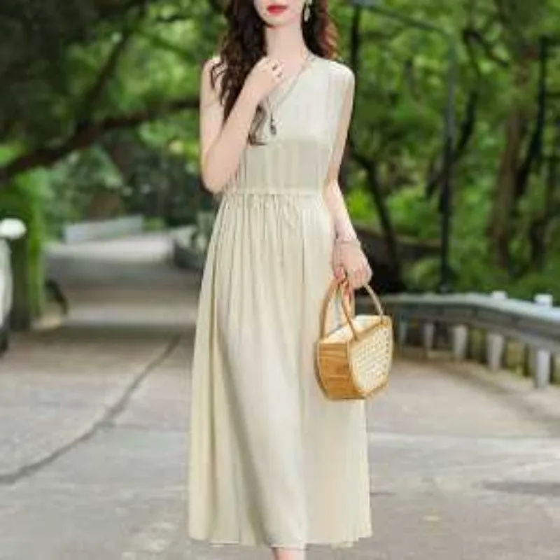 Women Solid Satin Sleeveless Midi Dress Drawstring Waist Loose Elegant Summer Daily Dress