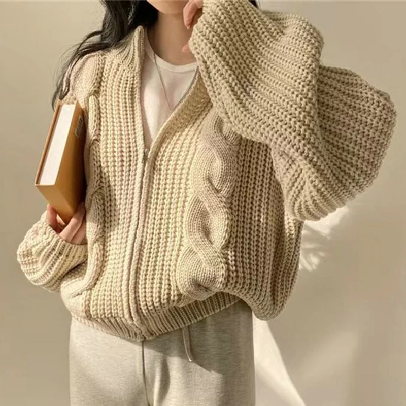 Rimocy Chic Zipper Up Knitted Cardigan Women Autumn Winter Solid Color Twisted Sweater Woman Wild Long Sleeve Jumper Coats Mujer