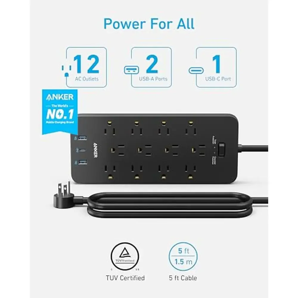 Surge Protector Power Strip 12 Outlets USB-C 2 USB Ports iPhone Charging 5ft Cable