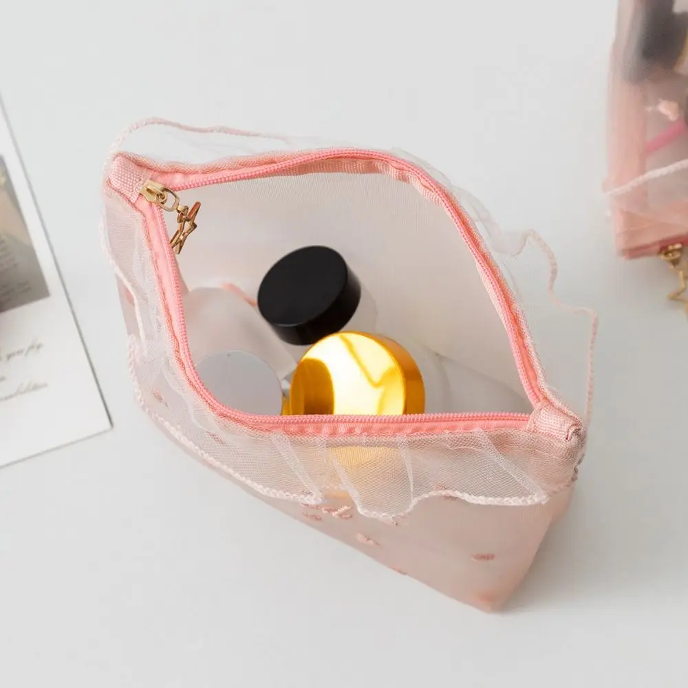 Multi-functional Pink Series Mesh Bag Zipper Closure Embroidered Cosmetics Bag Large Capacity Makeup Bag Home Travel