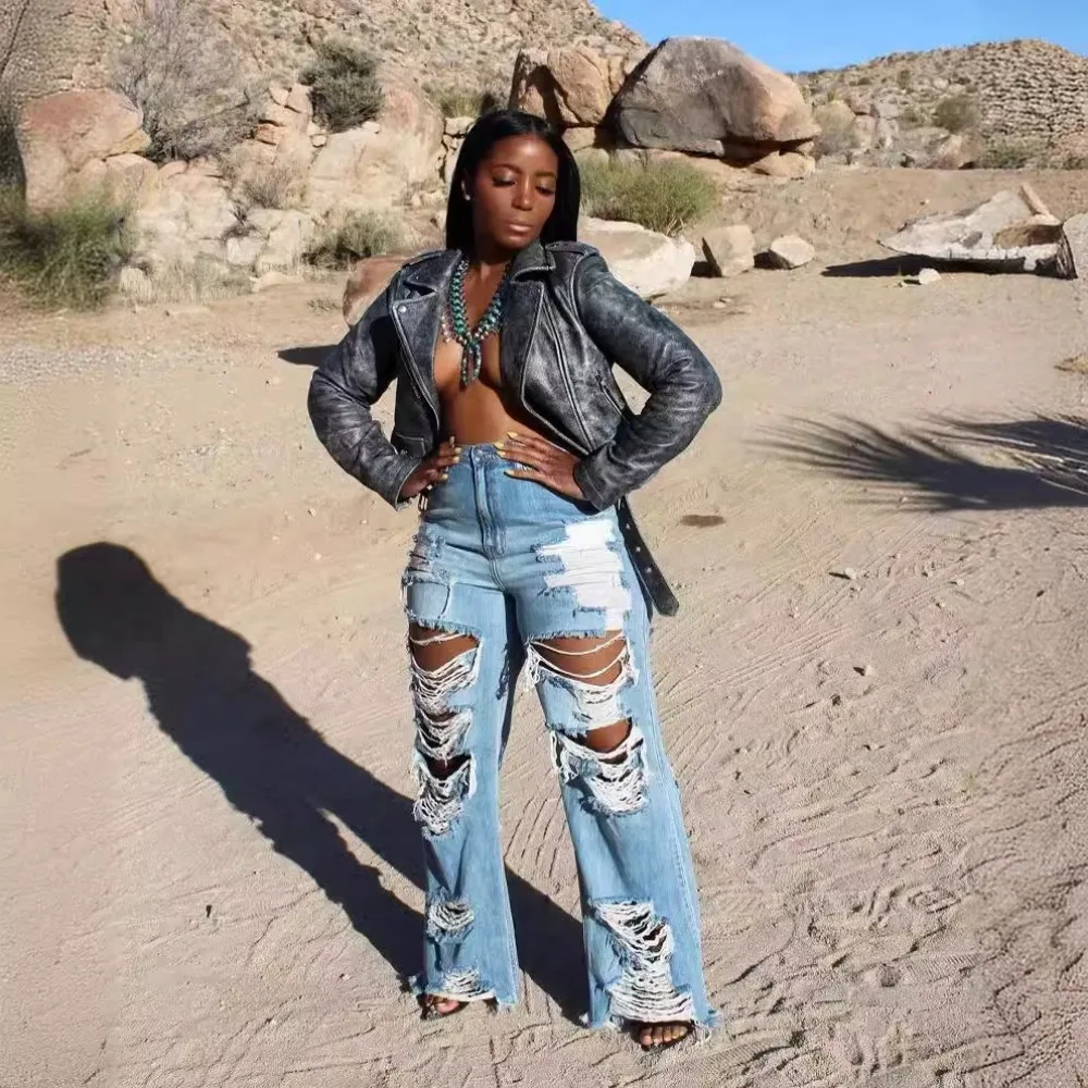 Frauen Jeans zerrissen Loch Vintage weites Bein Jeans hohe Taille knöchel lange Jeans hose solide Distressed Taschen locker sitzen lässig