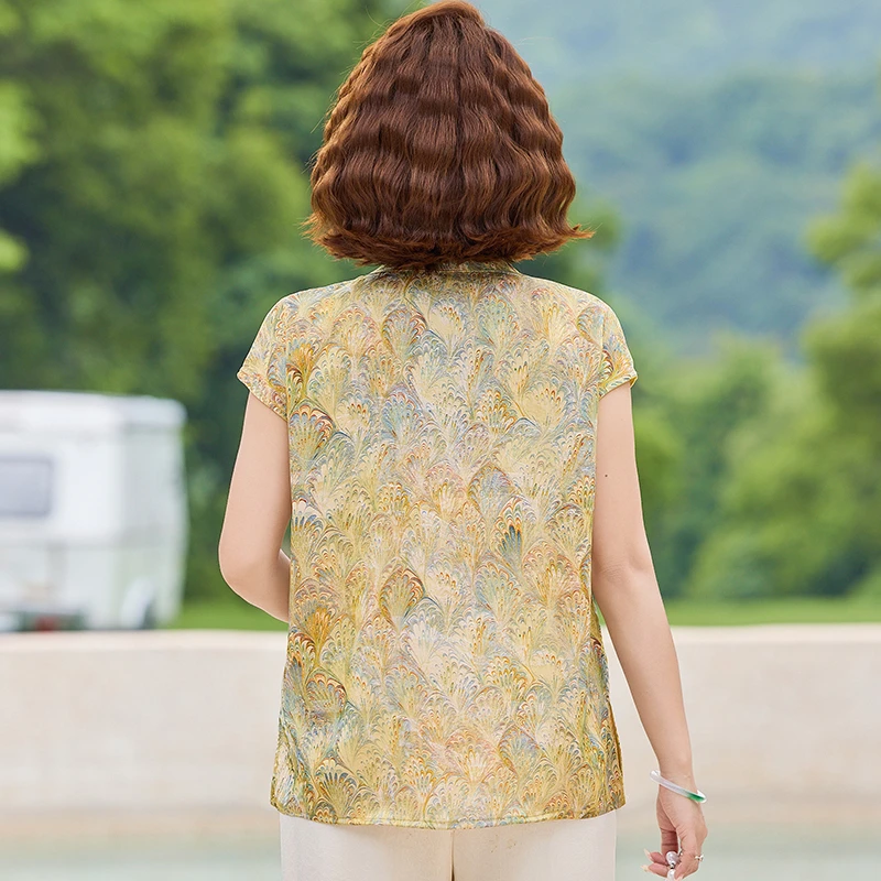 Mother Casual Elegant Blouse - Peacock Feather Pattern Short Sleeve Shirt, Breathable Soft Fabric Everyday Look
