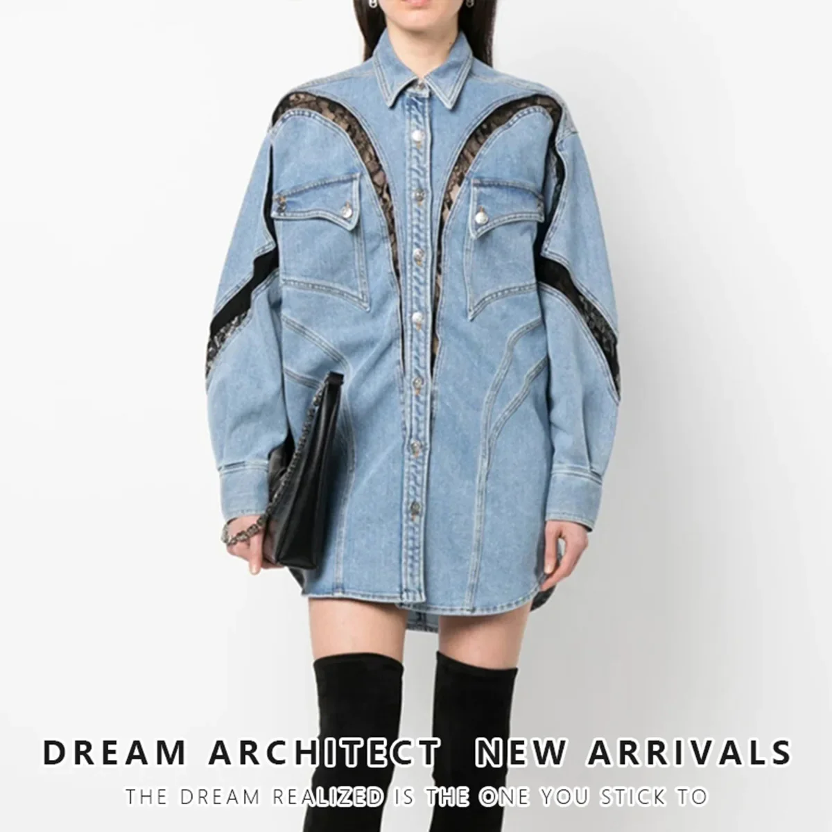 

Three-dimensional Split Shirt Spring and Summer Lace Stitching Large-profile Shirt-style Denim Jacket Coat for Women