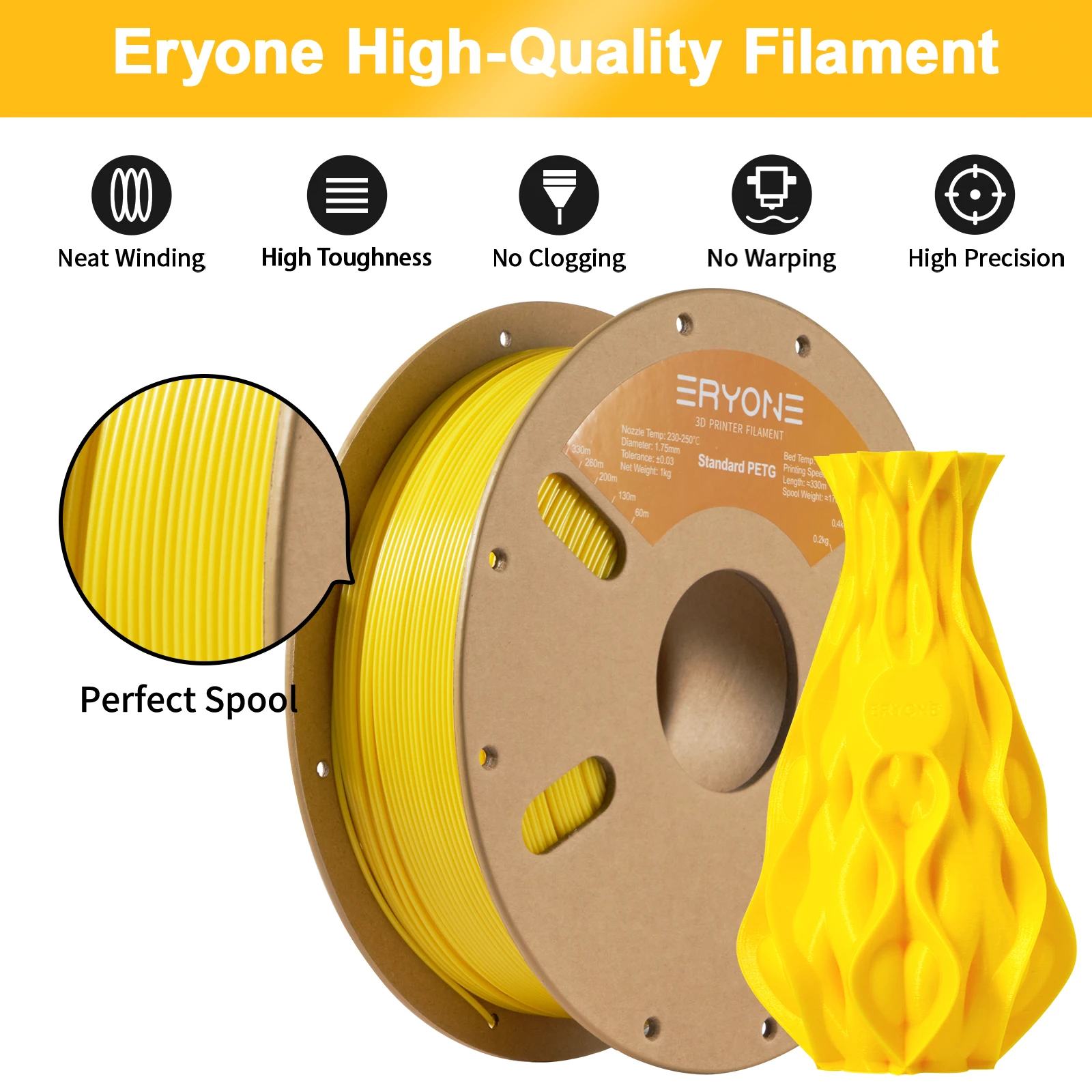 Filamento ERYONE PETG para impresión 3D 1KG (2,2LBS) 1,75mm ±0,03mm tolerancia filamento de carrete perfecto nueva llegada al por mayor