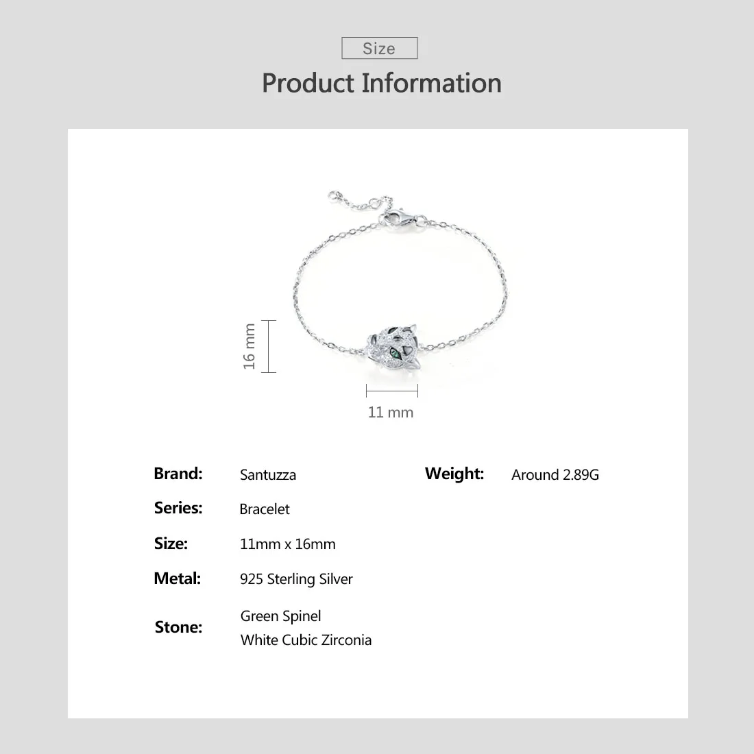 SANTUZZA Genuine 925 Sterling Silver Bracelet For Women Leopard Panther Green Spinel White Zirconia Adjustable Cute Fine Jewelry