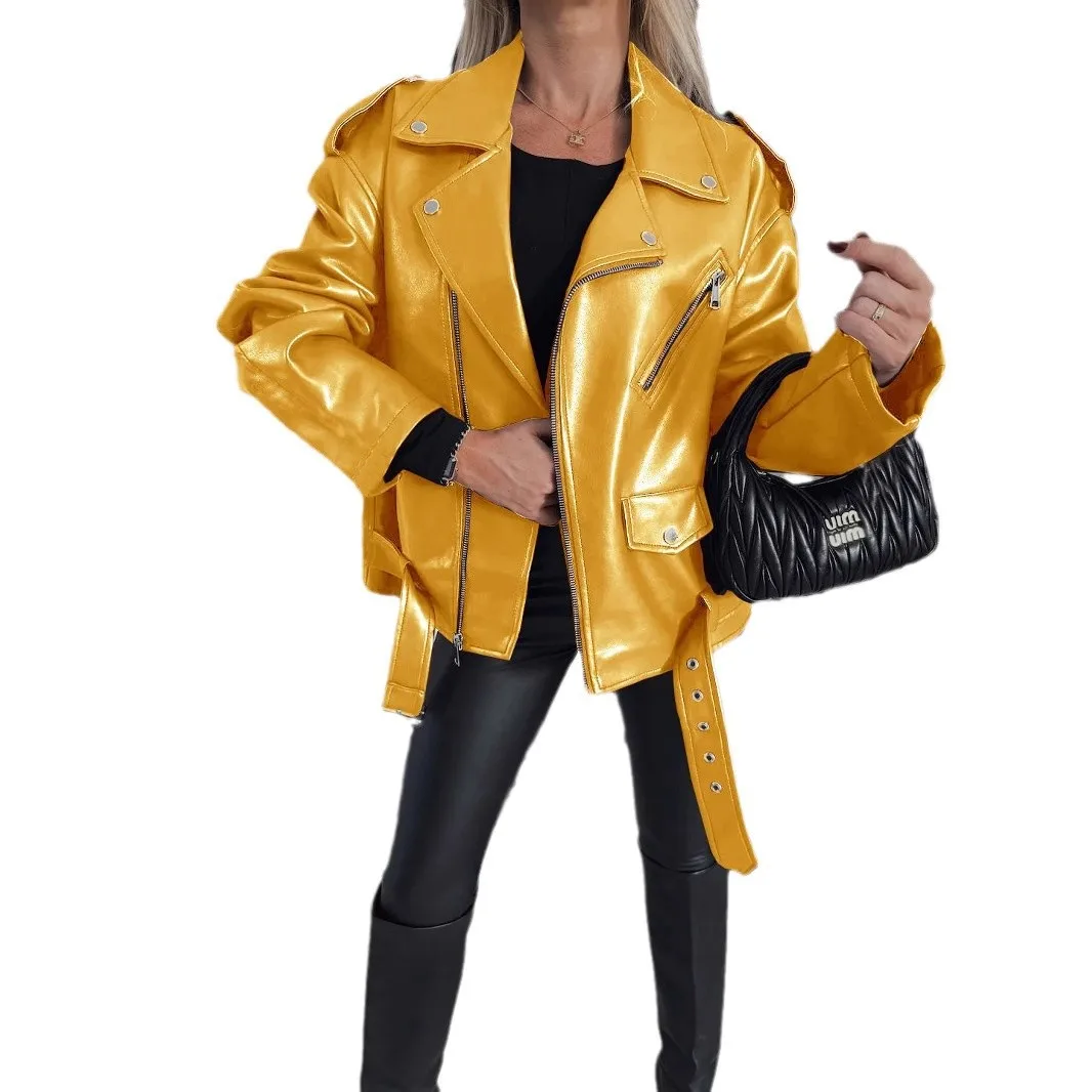 Women's PU Leather Jacket Regular Fit Summer Season Zipper Closure Top Outerwear Fashionable Elegant Russian Style