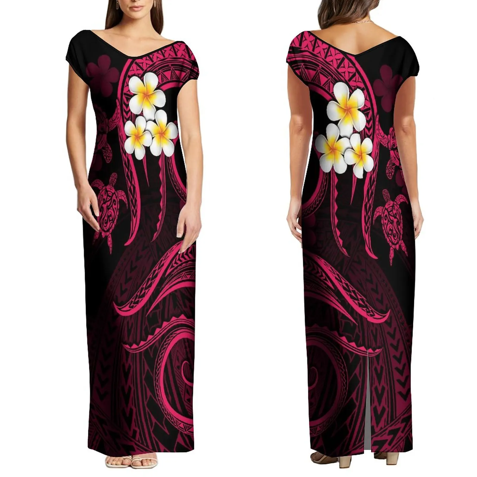 

Polynesian Custom Women's Dress Summer Short Sleeve V-Neck Long Dress Slit Sexy Casual Dress 2023 New Design