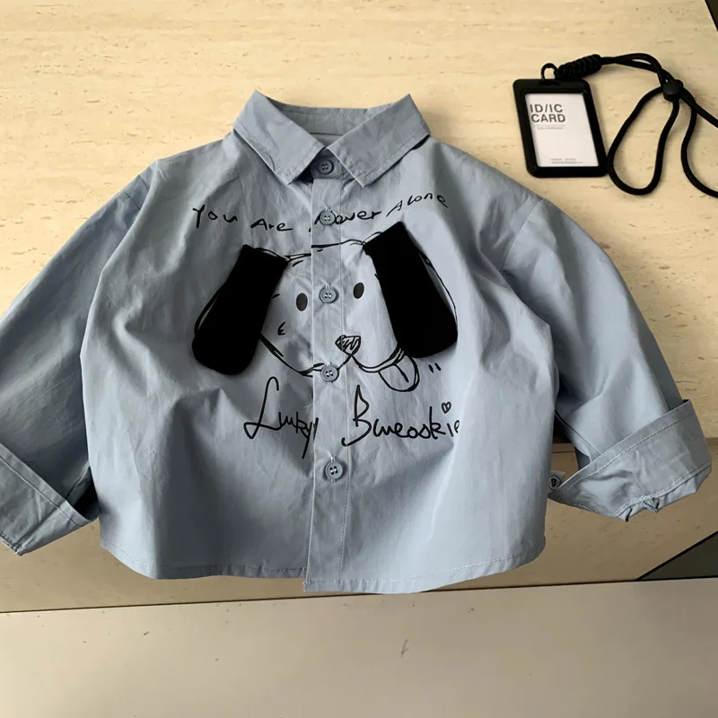 Boys Shirt 2026 Spring and Summer New Children's Clothing Korean Style Boys and Girls Casual Marine Blue Cartoon Lapel Shirt