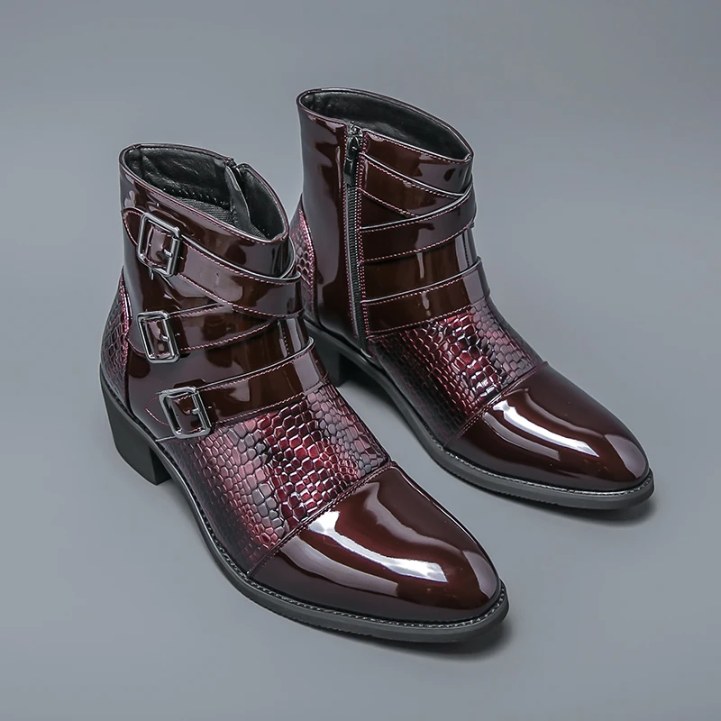 New Men Snake Skin Pattern Side Zipper Short Boots Fashion Classic Wine Red Lacquer Leather Pointed Banquet Party High Top Boots
