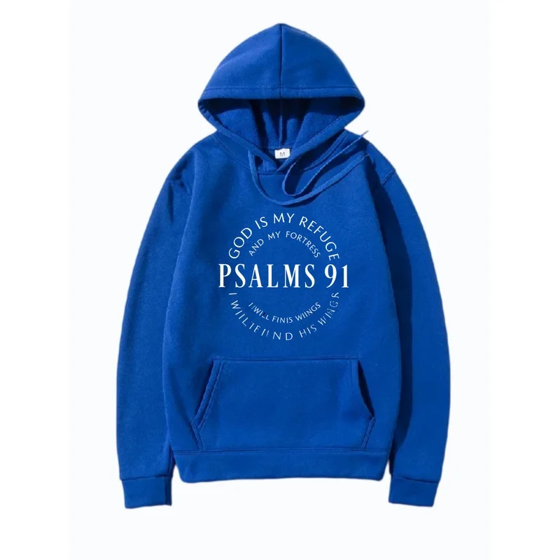 Psalms 91 Faith Quote Graphic Pullover Hoodie, Men Religious Inspirational Sweatshirt Kangaroo Pocket