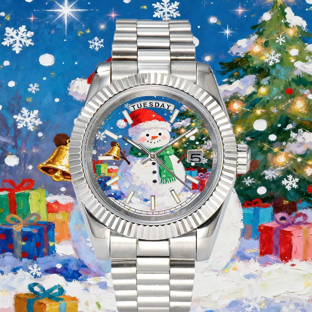 

Часы 40 мм с автоматическим механизмом Miyota 8285, рождественская тематика, двойная дата, синий люминесцентный циферблат, модель 8285, подарок на Рождество