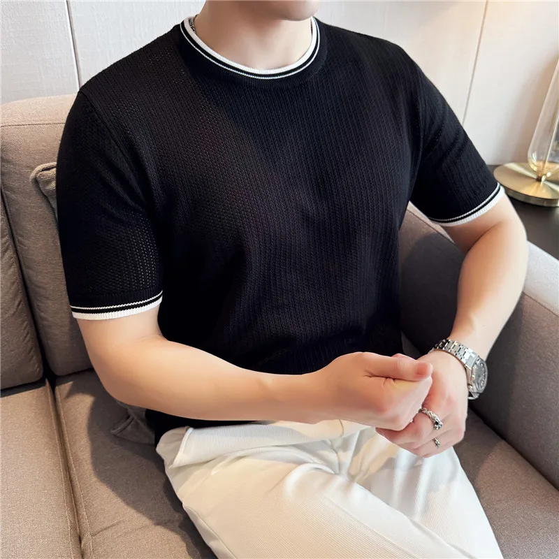 Camiseta de verano de seda helada para hombre: cuello en contraste y diseño de punto de malla |   Estiramiento Slim Fit |   Transpirable Color-Block Estilo M-3XL