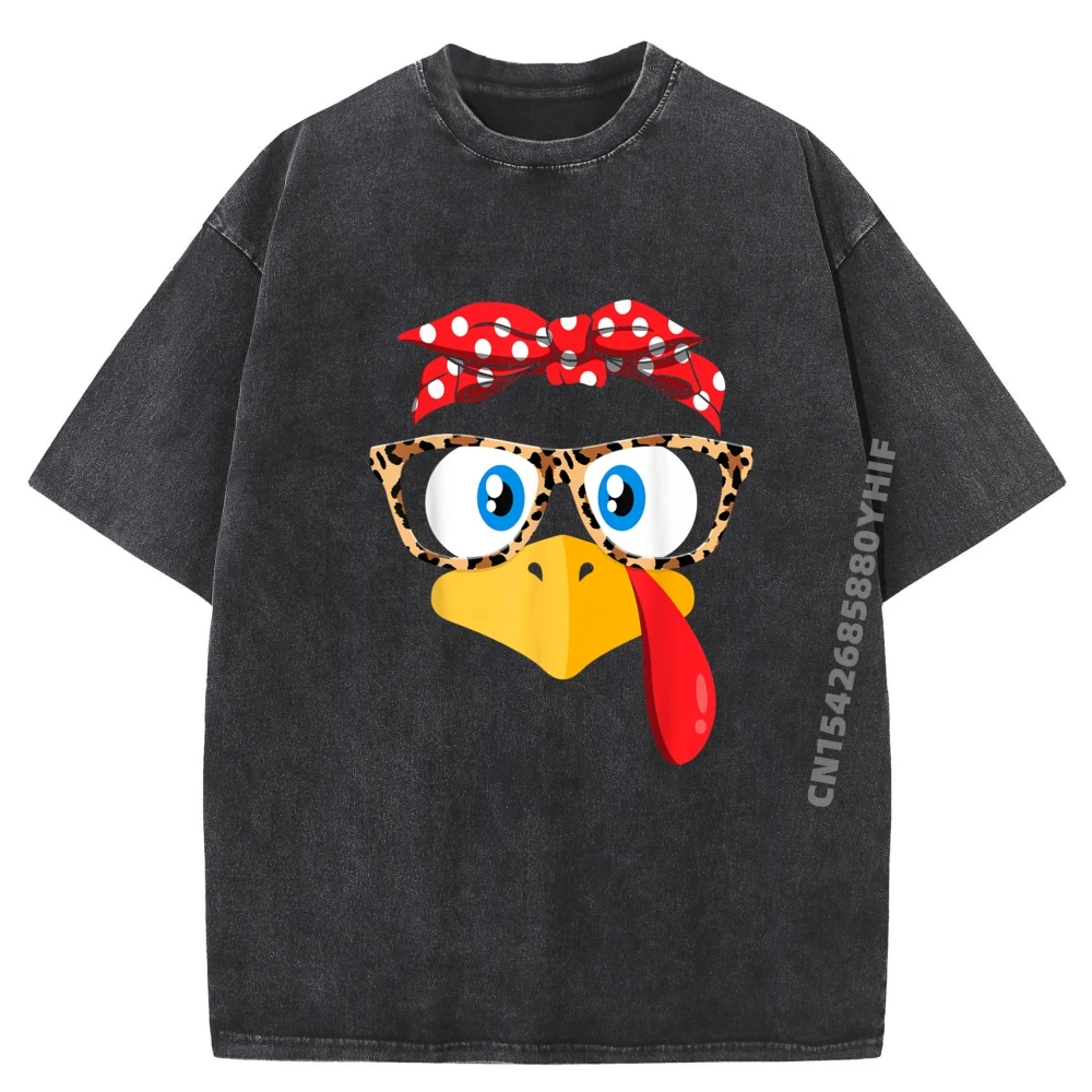 

Thanksgiving Turkey Face Leopard Print Glasses Women Girls Grpahic Tee Mens T-Shirts Retro Washed Tops & Tees