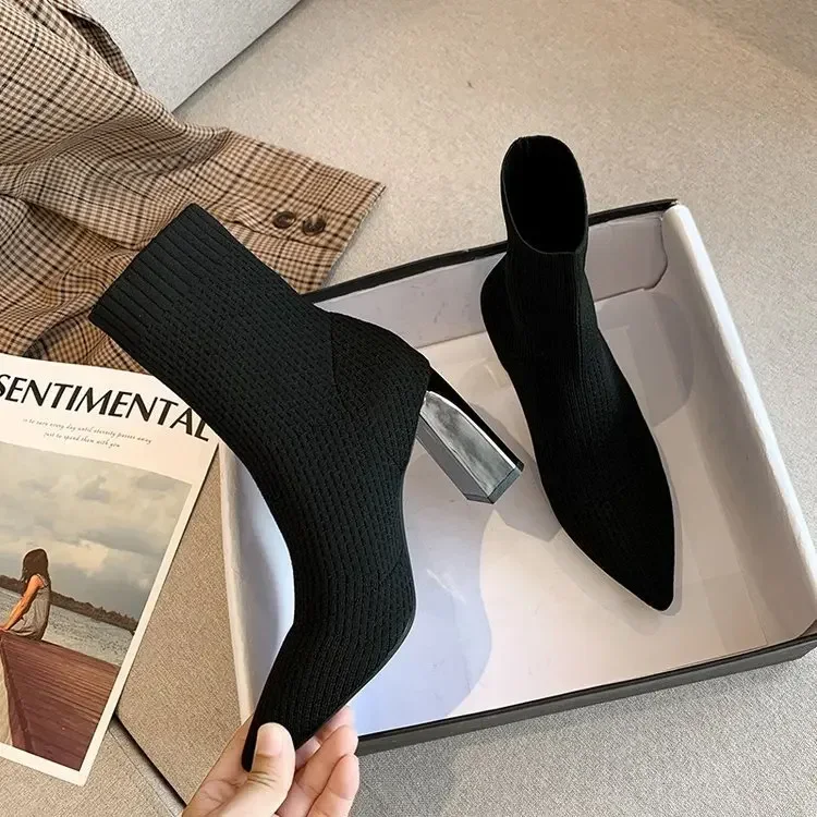 Simple Fashion Stretch Socks Boots for Women High Heels Shoes Knit Socks Boots Skinny Women Pointed Toe Ankle Boots Botas Mujer