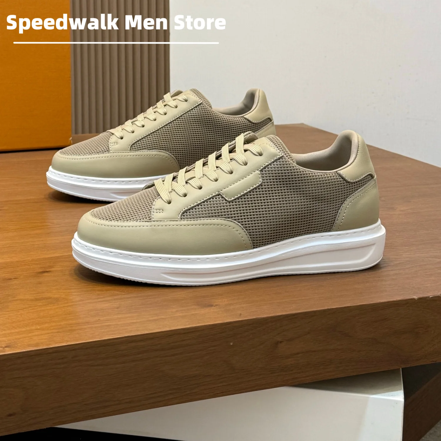 Men Mesh Leather Splicing Platform Sneakers Breathable Lace Up Anti Slip Thick Sole Business Casual Daily Skate Shoes