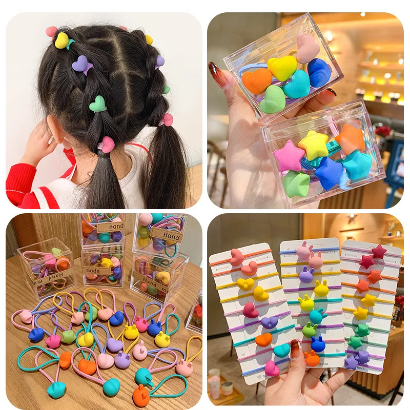 Cute Heart Bead Hair Ropes Candy Color Frosted Scrunchies For Baby Girl Gum Ponytail Holder Hair Bands Accessories