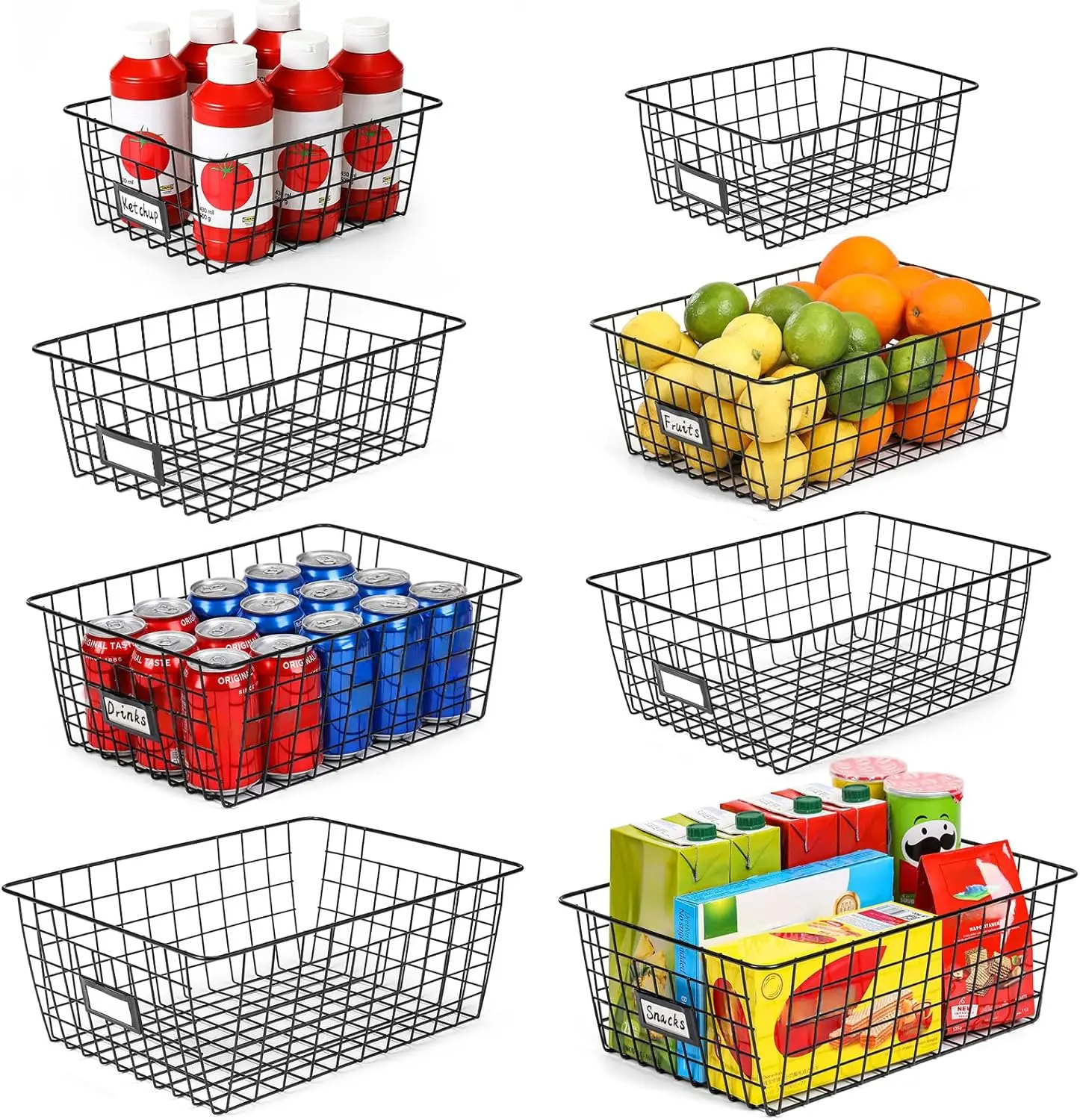 

8-Piece Large Metal Wire Baskets Set with Labels for Kitchen, Pantry, Bathroom Organization - Black
