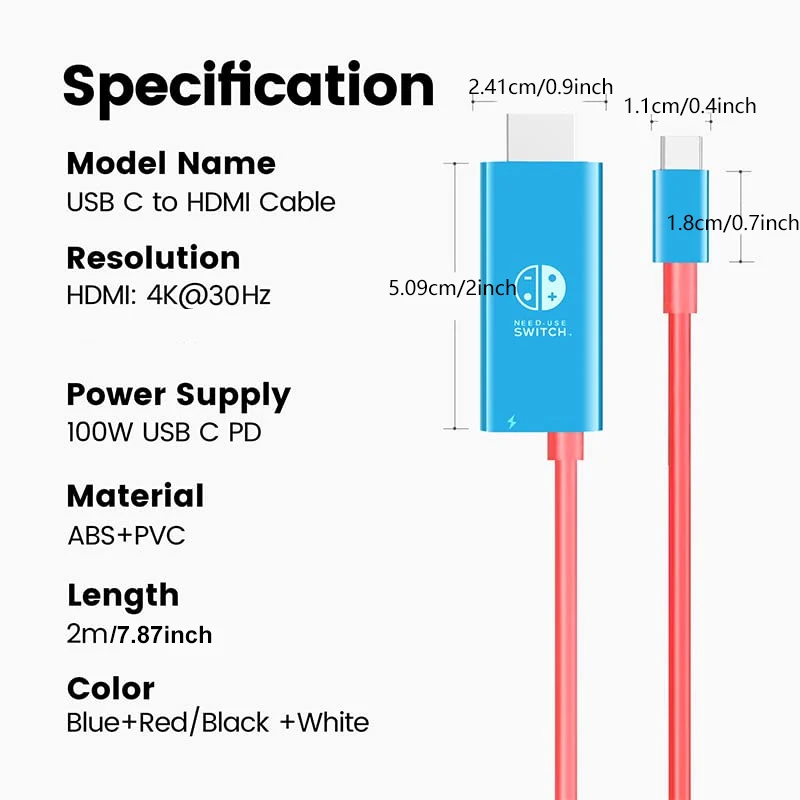 Cable de conversión portátil USB tipo C a HDMI, 2m, 4k, 30Hz, para modo de acoplamiento de TV en Nintendo Switch Steam Deck