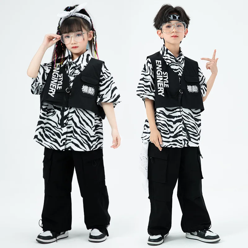 Kid Hip Hop Kleidung Streifen Druck Hemd Schwarze Weste Casual Straße Breite Tasche Cargo Hosen für Mädchen Junge Jazz Dance Kostüm Kleidung