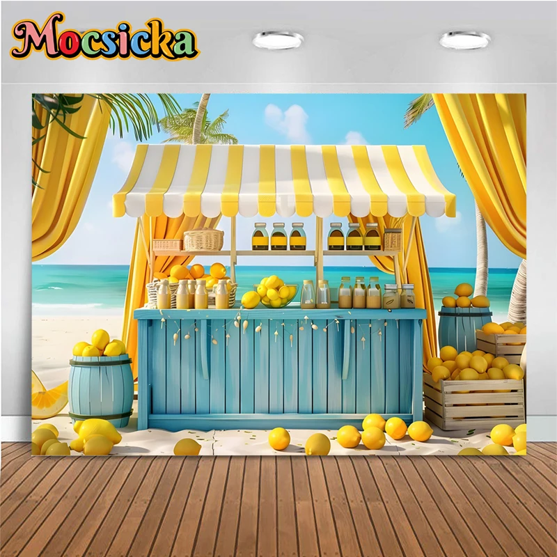 Yellow Lemon Backdrop For Photography Ocean Beach Fruit Shop Coconut Tree Children Photo Background Birthday Party Decor Banner