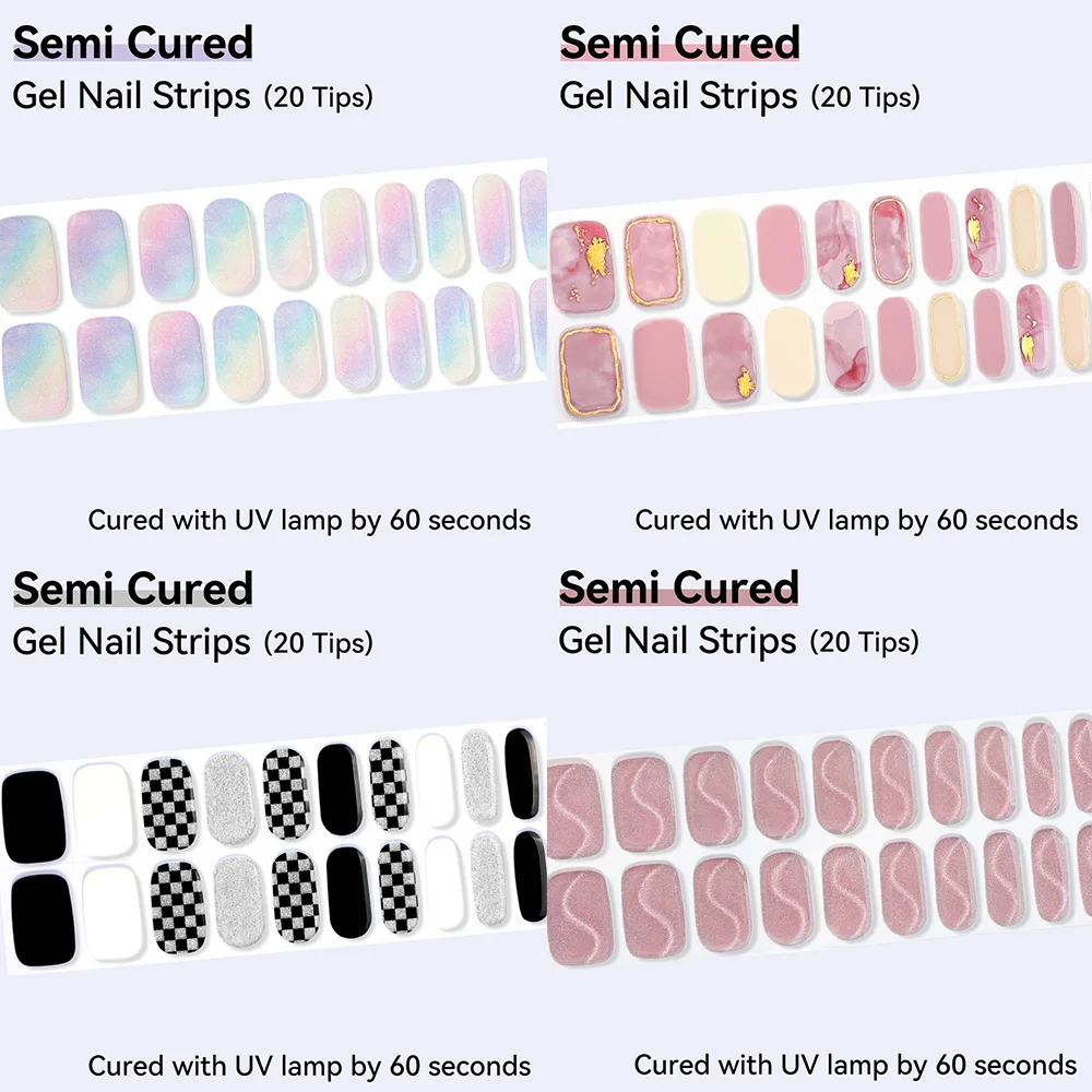 

Semi-cured Gel Nail Strips 20 Tips Self Adhesive Stickers DIY Nail Art Decoration Gel Nail Wraps Full Cover Decals Patch