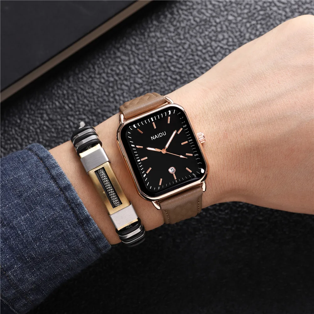 2pcs/set high quality calendar rectangle men leather business watch