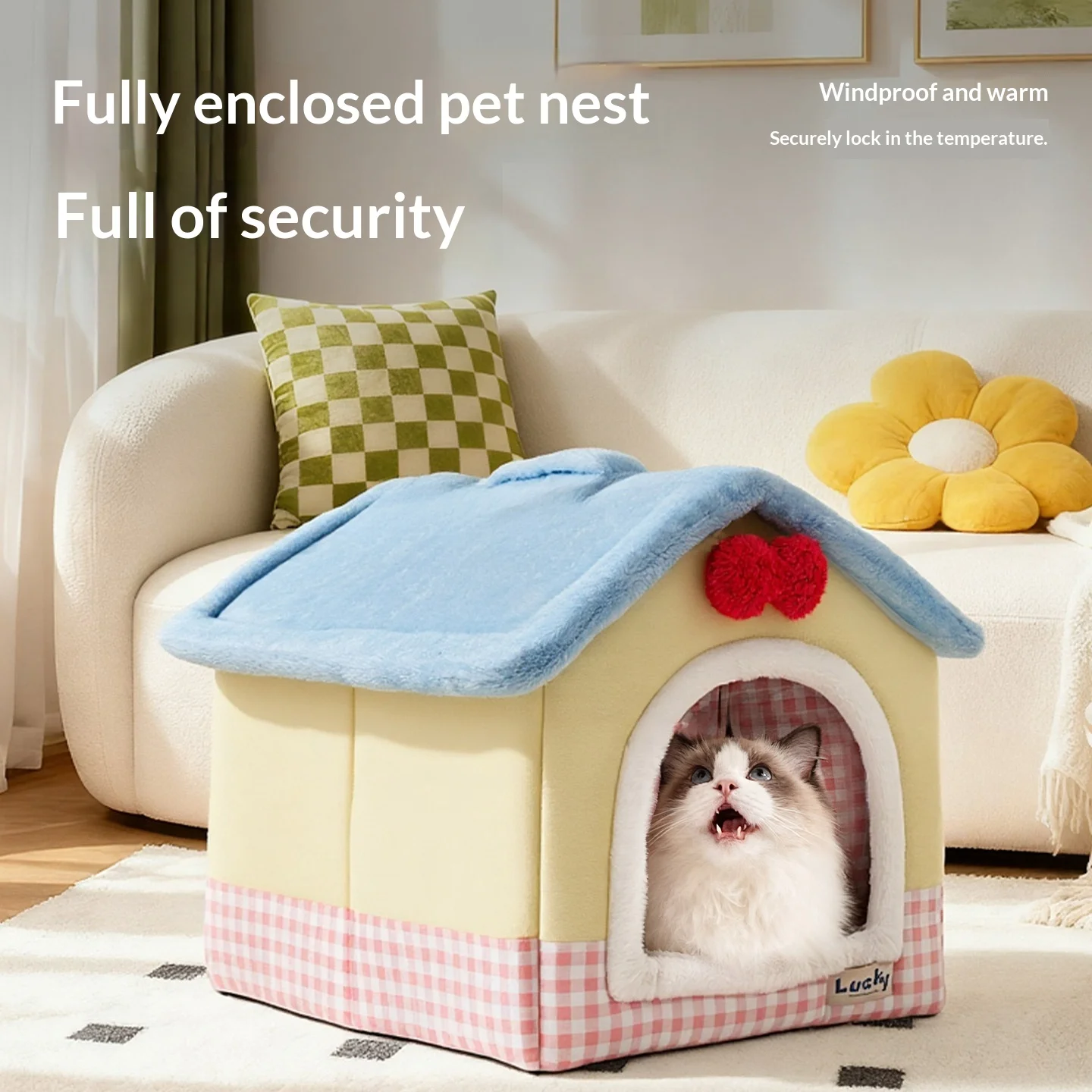 

All-Season Enclosed Dopamine Style Cat Dog House, Warm Winter Pet Bed, Colorful Cozy Nest for Small Dogs , Removable Washable