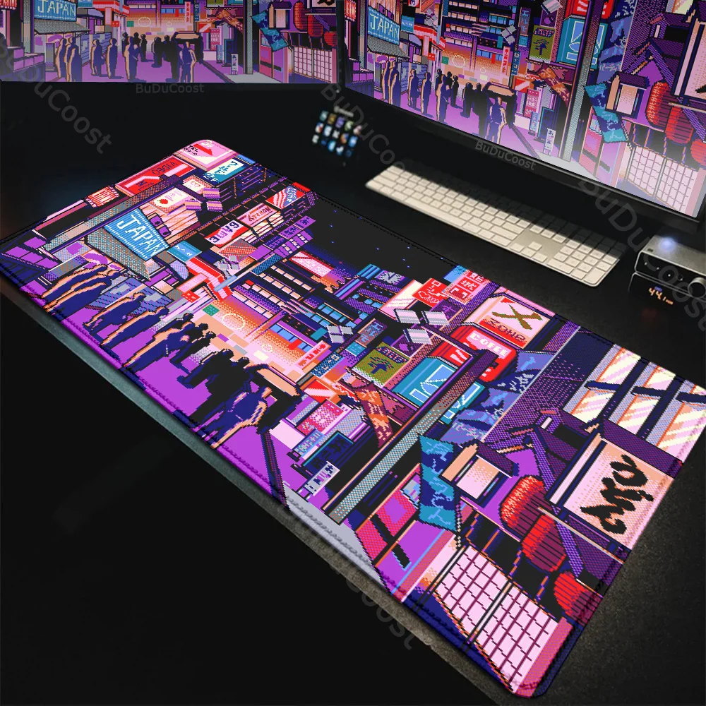 

XXL Gaming Mouse Pad Multiple Size Table Pad Neon Tokyo Street Pixel Art Keyboardpad Purple Japanese Anime Skyline city Desk Mat