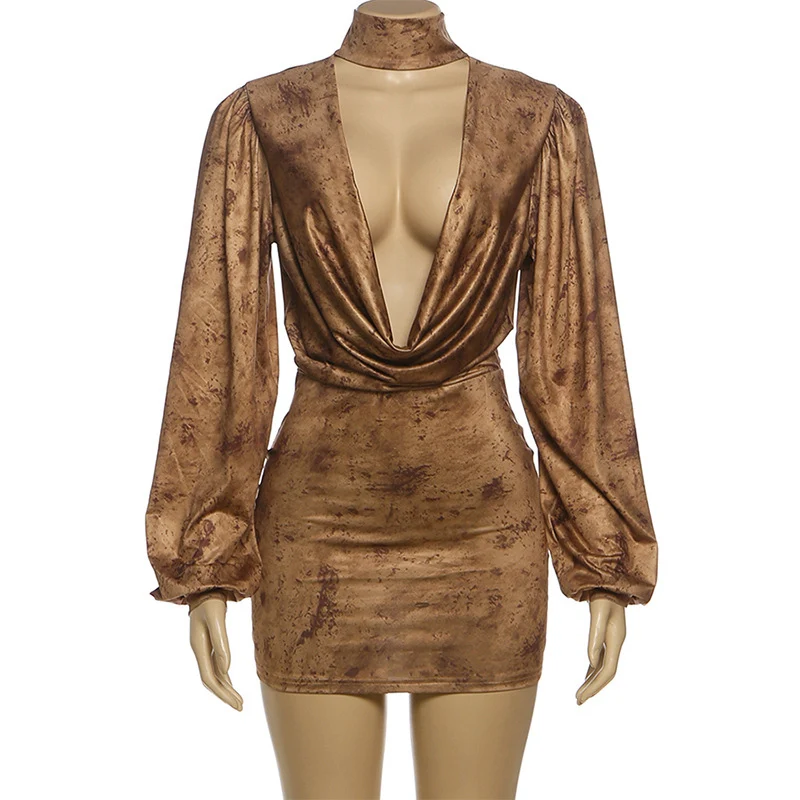 セクシーな3Dプリント誕生日ドレス レディース ナイトクラブ パーティー ランタンスリーブ スイングカラー ラッフル プロム ボディコン ミニドレス ベスティドス