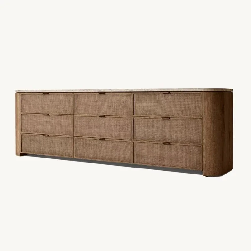 Luxury 9-drawer solid oak dresser, modern travertine top with woven rattan board, solid wood bedroom furniture