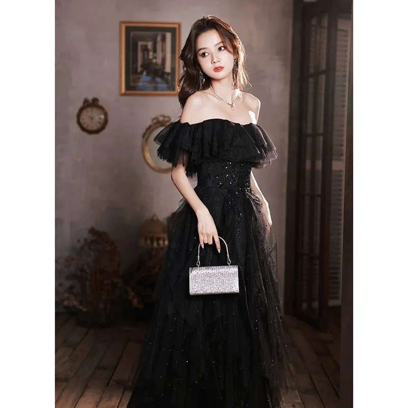 

off-Shoulder Black Dress Female Light Luxury Minority Sense Adult Birthday Banquet Host