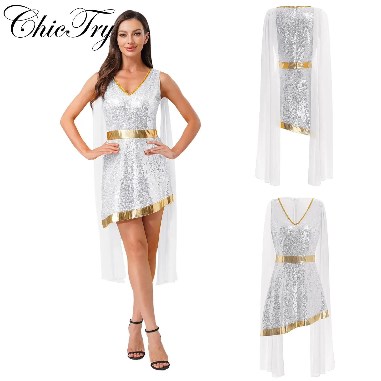 

Womens Greek God Costume Sleeveless Sparkly Sequined Halloween Cosplay Leotard Dress with Chiffon Belt for Carnival Roleplay