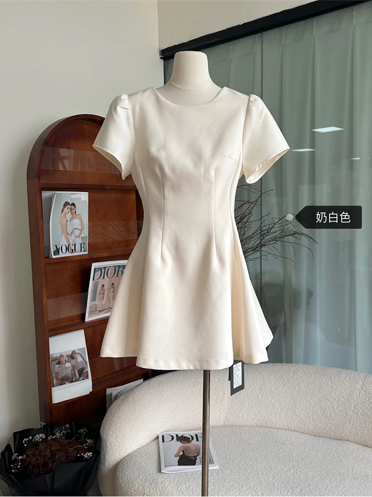 Summer Solid Color French Vintage Elegant Short Sleeve Dress Women Office Lady A-line Old Money Frock One-Piece Trendy Elegant