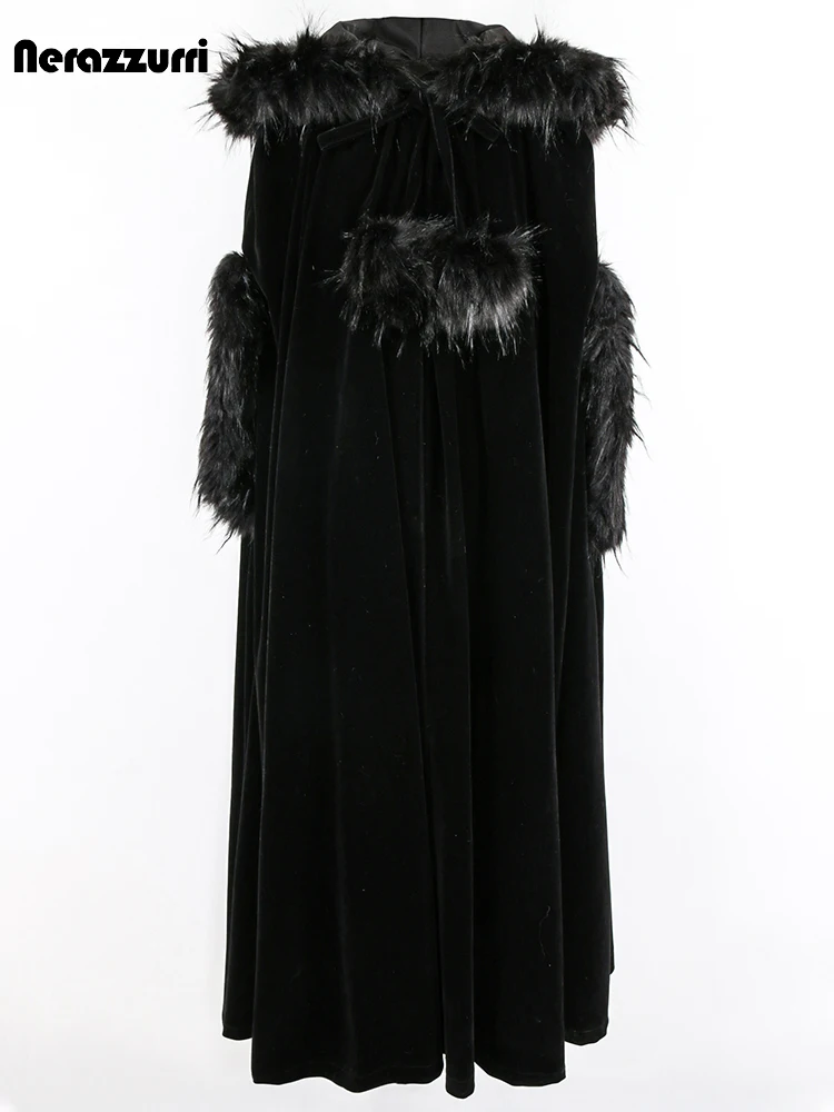 Nerazzurri Autumn Winter Extra Long Black Velvet Cloak Women with Fur Trim Hood and Cuff Designer Clothes Cape Halloween Costume