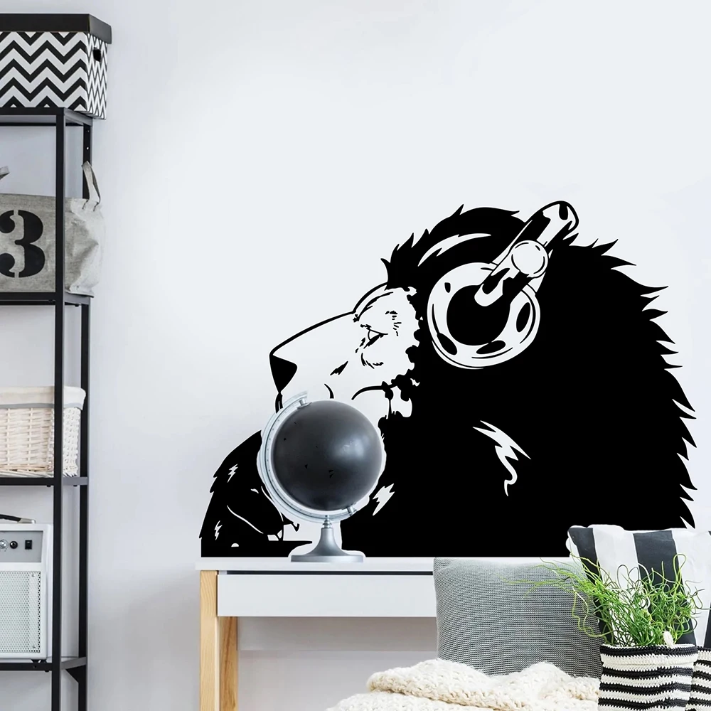 Graffiti Banksy Thinking Lion Music Headphones Lion Wall Sticker Decal Jungle Animal Inspired Dj Thinker Living Room