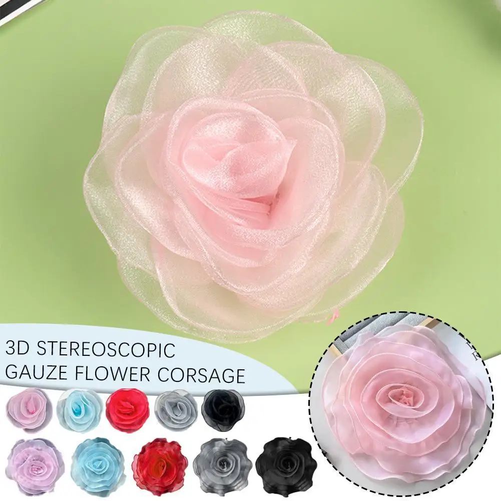 3D Organza Flower Corsage Artificial Rose Flower Brooch Clothing Dress Neck Handmade Decoration Accessories Wholesale