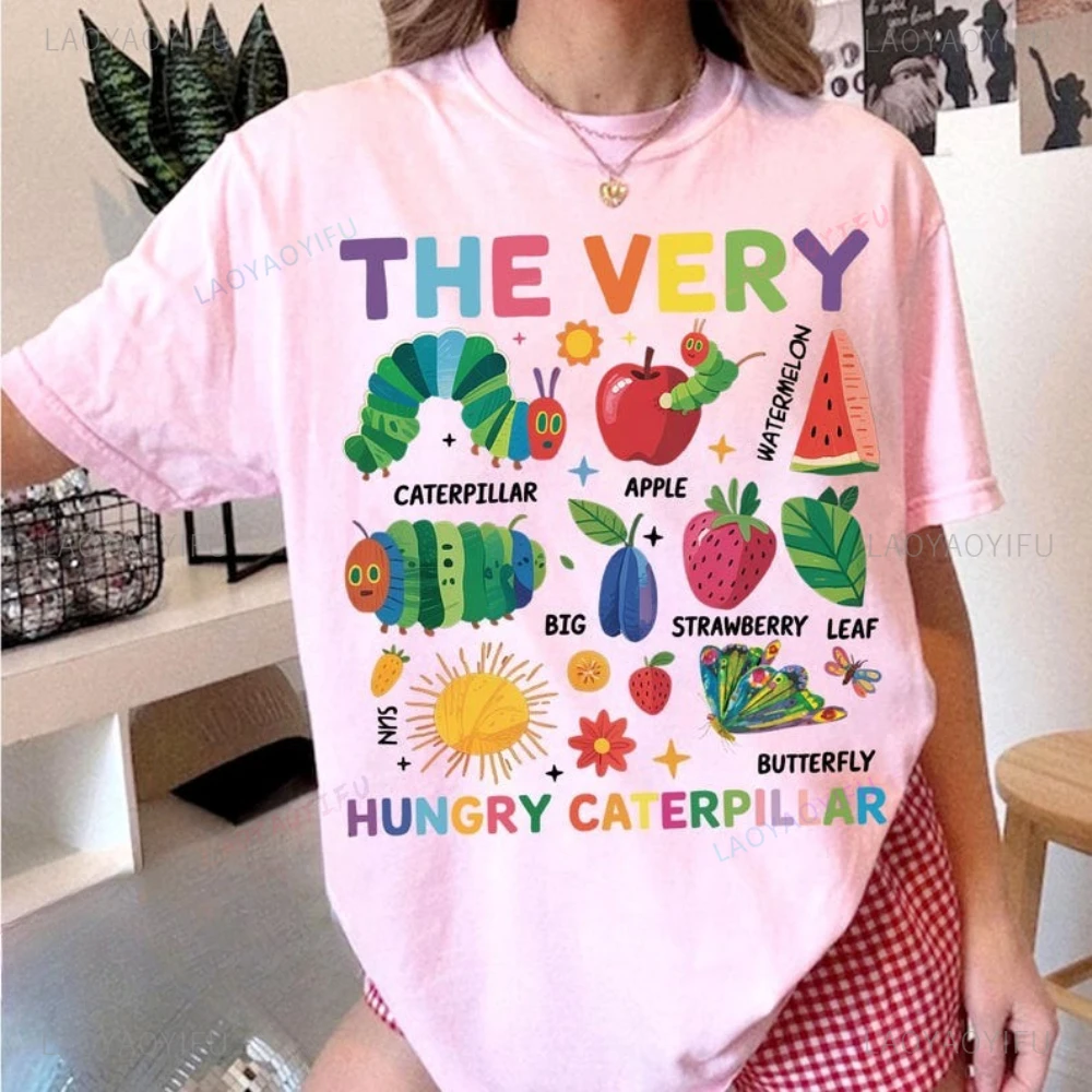 Hungry Caterpillar Shirt for Teachers Woman Pink Graphic T Shirts Vintage Vintage Book Pattern T-shirt Summer Breathable Cotton