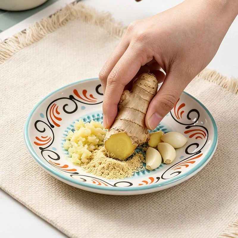 Bohemian Style Ceramic Garlic Mincer Grater, Non-Slip Grinding Plate for Ginger, Turmeric & Spices, Portable Kitchen Prep Tool